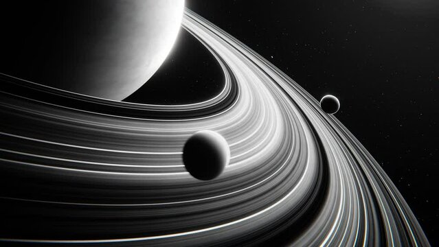 Science animation of Saturn with rings and orbiting moons