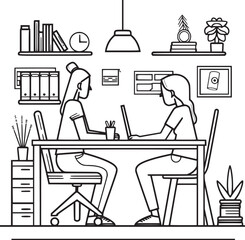 vector illustrations with flat cartoon characters working in office, co-working space or remotely at home, freelance, self-employment. People work at computers and laptops in modern interior.