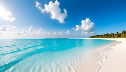 A pristine beach with soft white sand and crystal-clear blue water under a clear sky