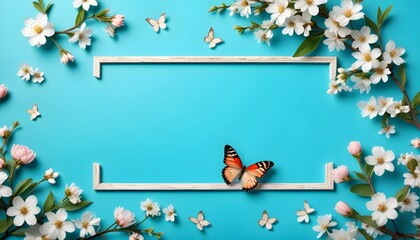 Colorful butterflies and delicate flowers are arranged within a frame on a vibrant blue background