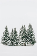 Obraz premium Capture the quiet beauty of a snow-covered evergreen forest, with tall trees standing tall against a backdrop of pristine white snow. The minimalist composition, with just the trees and snow.