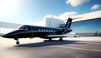 A private jet is parked in front of a commercial building, showcasing luxury and convenience - Powered by Adobe