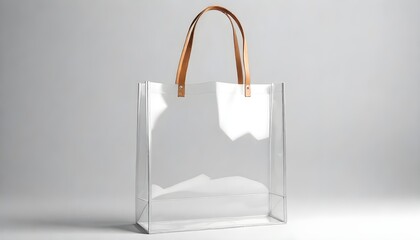 A clear shopping bag with a sturdy leather handle hanging against a white background