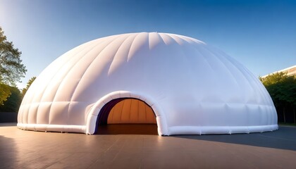 A white inflatable dome structure stands in the center of a parking lot, surrounded by empty spaces and cars