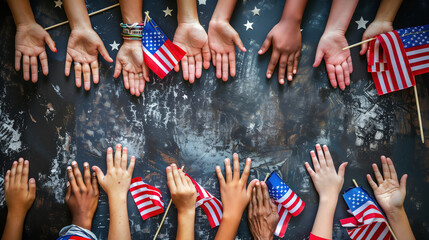 Strength in unity. Human hands and American flags, convey powerful message of strength in unity. Contemporary art. Concept of Independence Day of America, history, patriotism, 4th of July