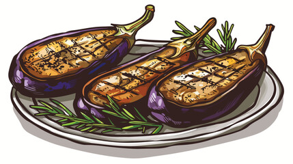 Delicious grilled eggplants on white backgroundd Vector