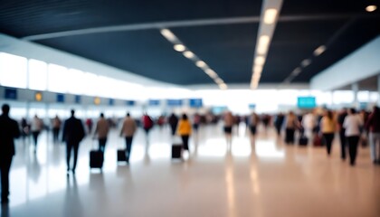 A blurry scene of individuals in motion walking through a busy airport terminal, carrying luggage and rushing to their gates