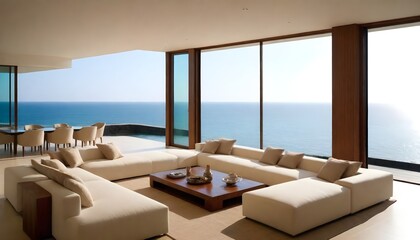 A living room with expansive windows showcasing a view of the ocean, with sunlight streaming in, creating a bright and airy atmosphere