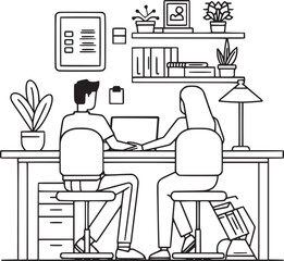 vector illustrations with flat cartoon characters working in office, co-working space or remotely at home, freelance, self-employment. People work at computers and laptops in modern interior.