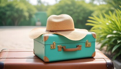 A turquoise suitcase with a straw hat placed on top, ready for a vacation or travel adventure