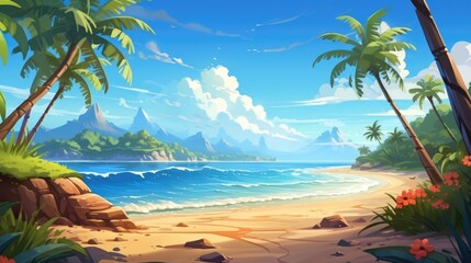 Fototapeta na wymiar Tropical paradise photo realistic illustration - Generative AI. Blue, ocean, palm, beach, sand.