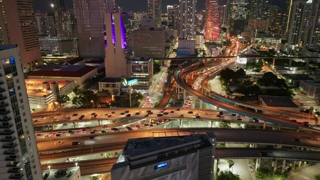 Establishing aerial shot of Miami i95 Riverside city traffic at night. Downtown Miami Skyline, I 95 Highway in 4k aerial view. Main Interstate Highway of Florida Atlantic Coast