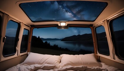 A cozy bed inside an RV with a large window showing a stunning view of the starry night sky