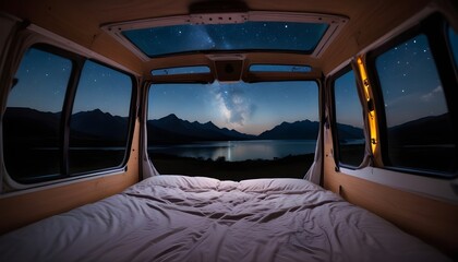 A bed is set up inside a camper van, positioned to view the night sky through the open roof