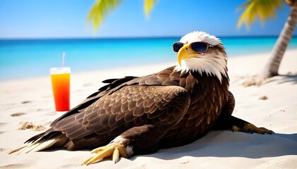 A bald eagle perched on the sandy beach next to a beverage, showcasing the majestic bird in a coastal setting