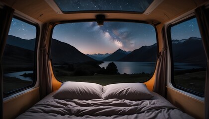 A bed is seen inside a train compartment, with the window revealing the night sky outside