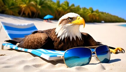 A bald eagle, a symbol of strength and freedom, wearing sunglasses and lounging on a beach chair by the shore