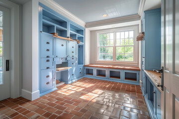 Bright and spacious mudroom with built-in benches, sky blue storage lockers, and terracotta floor tiles.