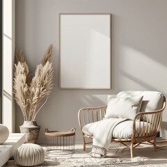 Empty frame mockup on living room wall. Mockup of an empty frame in the interior. Modern interior design in scandinavian style. 3D render