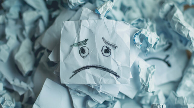Trauriger Smiley Gesicht mit Tränen symbolisch auf Gegenstand Ei Luftballon mit negativem Emoji Regenschirm zerknüllter Zettel Generative AI