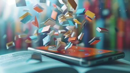 Graphic image of a book model floating on a smartphone screen