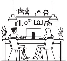 vector illustrations with flat cartoon characters working in office, co-working space or remotely at home, freelance, self-employment. People work at computers and laptops in modern interior.