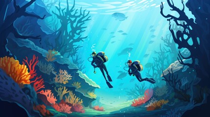 Underwater discovery divers photo realistic illustration - Generative AI. Underwater, seaweed, fish, blue, ocean.
