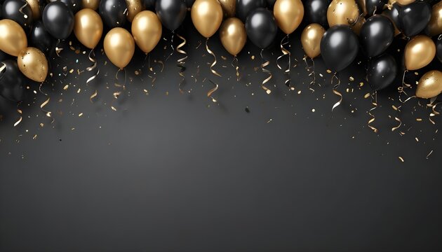 Black and gold balloons arranged on a black background