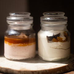 Curd dessert with coromel and curd dessert with dried fruits in glass jars stand on a wooden board, on a wooden table, blurred background, sunlight. Breakfast, proper nutrition, healthy food.
