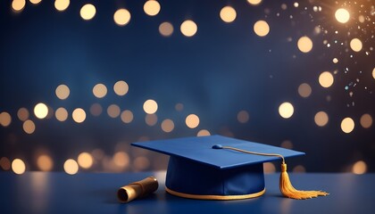 A graduation cap and diploma placed on a blue background with bokeh lights scattered around