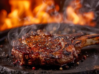 Close-up of a seasoned steak cooking with fiery grill marks, smoke, and flakes of salt