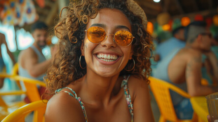 Happy group of people relaxing in casual clothes on the terrace in a cafe. Young woman having fun with glasses outdoors wearing colorful sunglasses. Vacation concept.