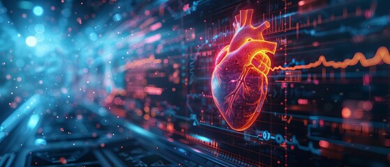 Fototapeta premium Futuristic healthcare display featuring a neon heart with a digital heart rate wave, emphasizing medical advancements