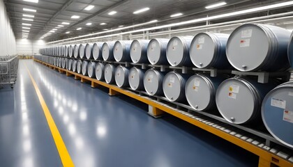 Rows of barrels are neatly lined up in a warehouse, showcasing barrel stock videos and royalty-free footage for industrial and storage purposes