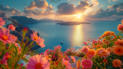 Stunning Sunrise Over Santorini Island With Colorful Flowers in Foreground