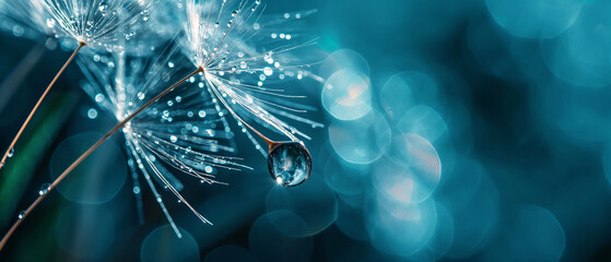 Ethereal blue macro close-up of a water droplet on a dandelion seed. Generative AI	