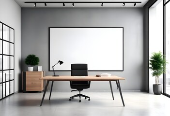 A modern office space featuring a sleek black desk positioned in front of a large window, providing ample natural light