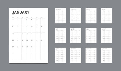 Set of 12 Pages Monthly Calendar Planner Templates on 2025 year. Vector vertical grid for wall or desktop calendar with the week starting on Monday for printing. Pages layouts sizes A4 -21x29.7 cm.