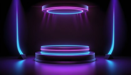 A stage with vibrant neon lights casting a colorful glow, creating a dynamic and energetic atmosphere for performances