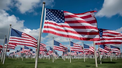 American national flags veterans of Memorial day display with blue sky and clouds. Concept of independence day, memorial day, national holiday