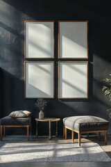 Four 3D vertical frame mockups on a black wall. Elegant interior design.