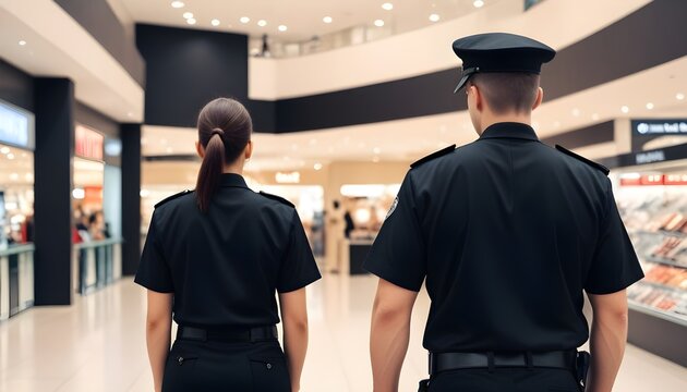 Two uniformed police officers are standing in a bustling mall, observing the surroundings and ensuring public safety