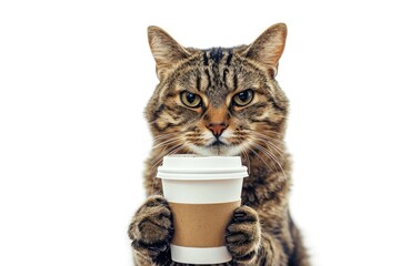 cute cat holding paper coffee cup. takeaway coffee in cats paw. isolated on white background