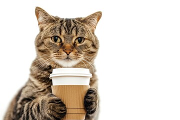 cute cat holding paper coffee cup. takeaway coffee in cats paw. isolated on white background