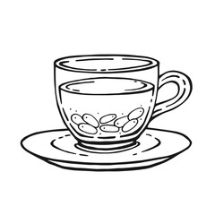 Cup of tea with healthy tea, barberry. Hand drawn vector illustration in outline style.