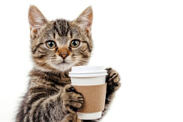 cute cat holding paper coffee cup. takeaway coffee in cats paw. isolated on white background