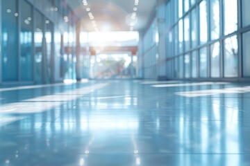 Fototapeta premium Blurred background of hospital corridor with panoramic windows and white floor. Closeup with bokeh effect high resolution photography.