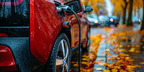 Fototapeta premium A red car is parked on a wet street with leaves on the ground