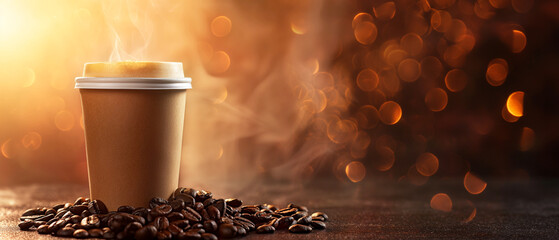 Steaming coffee cup on a rustic table with scattered coffee beans and warm bokeh lights. Copy space. Generative AI	