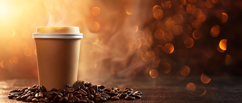 Steaming coffee cup on a rustic table with scattered coffee beans and warm bokeh lights. Copy space. 	